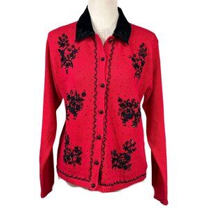 Yarnworks Red Black Beaded Velvet Collar Holiday Cardigan Sweater Size S